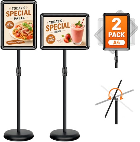A4 Stand 2Pcs Sign Stand for Display Poster, Adjustable Floor Sign Holder, Aluminium Snap Frame with Safety Corner, Business Advertising, Wedding Welcome, Restaurant Menu, School Notice Display, Black