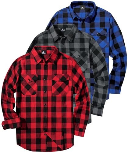 ZITY Lot De 3 Chemises en Flanelle À Carreaux pour Hommes, Manches Longues, Chemise De Bûcheron en Coton Boutonnée, Chaudes, Loisirs, Coupe Régulière, Chemise À Carreaux avec Poche Poitrine