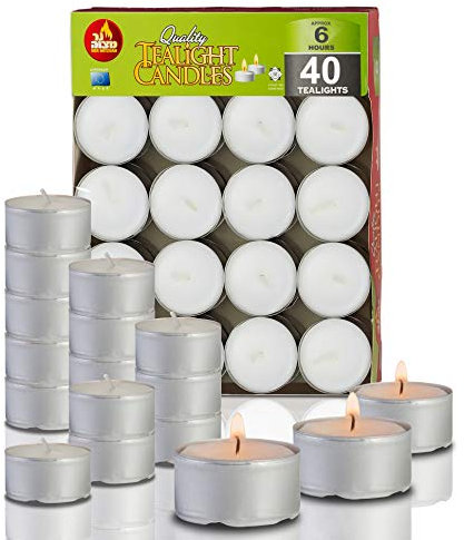 Ner Mitzvah 6 Hour Tea Light Candles - 40 Pack Bulk Package - White Unscented Travel, Centerpiece, Decorative Candle With Maxi Burn Time - Pressed Wax