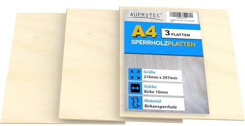 AUPROTEC 3x A4 Feuille de Contreplaqué 10mm Bouleau (210 mm x 297 mm) Panneau du Bois Massif pour Bricolage Chantournement Modélisme Décoration Panneaux Multiplex de qualité haut BB/BB