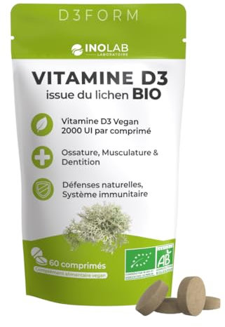 INOLAB Vitamine D3 Végétale Certifiée BIO - 2000 UI/Comprimé - Vitamine D Vegan du Lichen Naturel Sans Pesticides, Toxines, Métaux Lourds - Vitamine D Bio Cholécalciférol Hautement Absorbable
