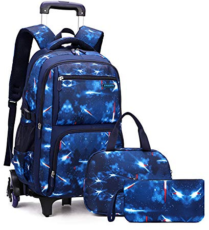 Primary Junior High Boys Rolling Backpacks Wheeled Bags Trolley School Bags Travel Luggage 3 in 1 Kids Bookbag Set with Lunch Bag