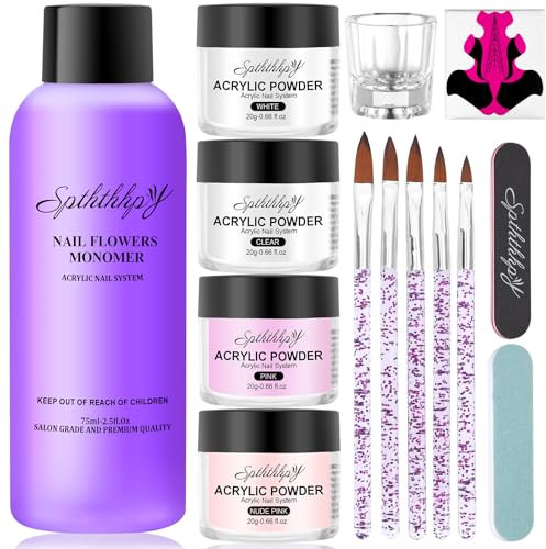 Polvos Acrílicos para Uñas set，SPTHTHHPY Gel para Uñas Acrilico para Uñas ，Adecuado para Principiantes y Expertos，4 Color（Polvere Trasparente, Rosa, Bianco,Rosa desnudo）No se Requiere Lámpara UV