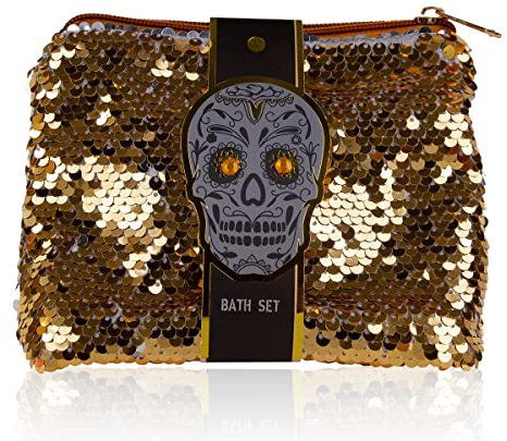 accentra Geschenkset SKULL CHIC Pflege Set im White Musk Duft - 3-teiliges Geschenk-Set in stylischer Pailletten-Kosmetiktasche im Totenkopf Look