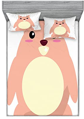 Ambesonne Anime 2 Pack Fitted Sheet & Pillow Sham Set, Beaver Kawaii Cartoon, 4 Pcs Bedding Decor, Package Contains 2 Full Size Fitted Sheets & 4 Pillow Covers, Pale Coral and Cream