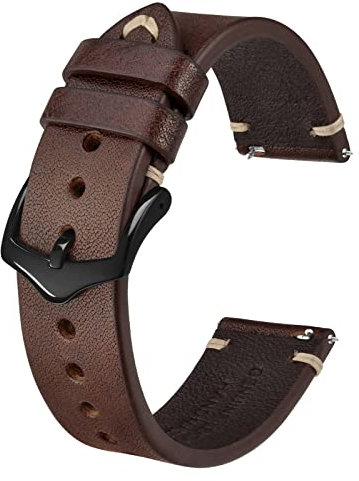 BISONSTRAP Uhrenarmband für Herren, Handgefertigte Stiche Leder Armband, Schnellverschluss, 22mm, Kaffeebraun mit Schwarzer Schnalle