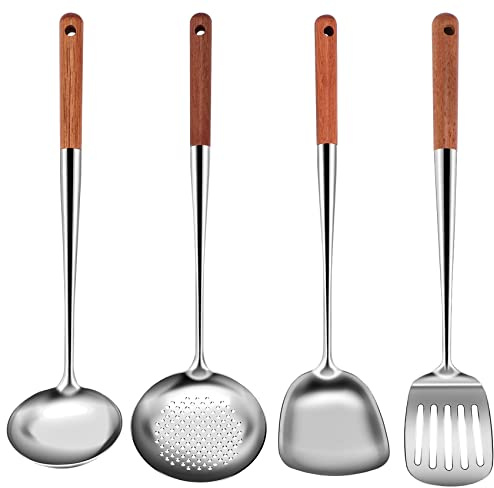 Tiamu Lå handtag rofri ekspade för kolål, rofritt ål wok-spatel metall, 4 delar 17 tum lång, wokverktyg professionellt set, ähandtag skimmer, soppslev, slitsad ekspade