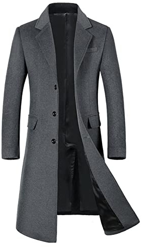 YOUTHUP Mens Winter Coat Slim Fit Wool Overcoat Knee-Length Elegant Trench Coat Business Peacoat, Grey-Thin, L
