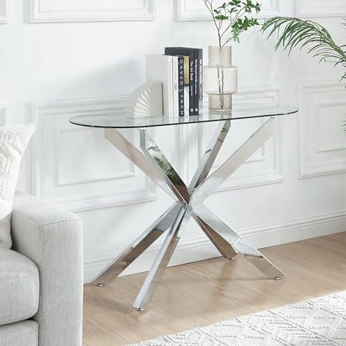 Modern Glass Oval Console Table, Entryway Hallway Narrow Sofa Table, Entrance for Entryway, Living Room, Foyer, Hallway, Office, 45 Lx18 Wx30 H Silver