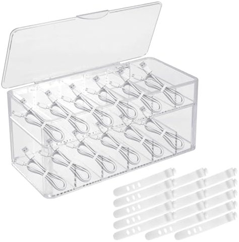 Dedjgoo Double Layered Cable Storage Box with Cover, 12 Grid Cable Sorting Box, Large Data Cable Storage Box, Charging Plug, Transparent Cable Management Box with 15 Zip Ties