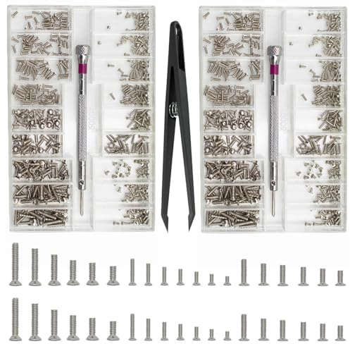 1 000 stycken små skruvsortiment kit, M1,2 M1,4 M2 små mikroskruvar, klockglasögon dator ersättningsskruvar, små reparationsskruvar, set med skruvmejselpincett, silver