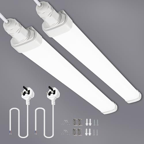 Reglette LED 120cm(2 Pièces), Fiche Européenne IP65 Étanche Neon Tube, 30W 3420LM 6500K Connectable Luminaire Plafonnier pour Garage, Atelier, Bureau, Cuisine, Entrepôt, Facile à Installer