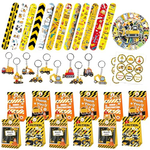 Baustelle Party Mitgebsel Kinder,Excavatrice Anniversaire Party Accessoires Contient 12 Bracelets Slap, 12 sacs-cadeaux, 10 porte-clés, 50 autocollants pour enfants, garçons et filles, décoration de