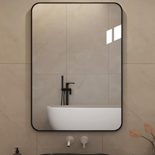 Hibtn 55 x 75cm Bathroom Mirrors Wall Mounted Rectangle Mirror, Modern Matte Black Wall Mirror HD Glass Vanity Mirror Black