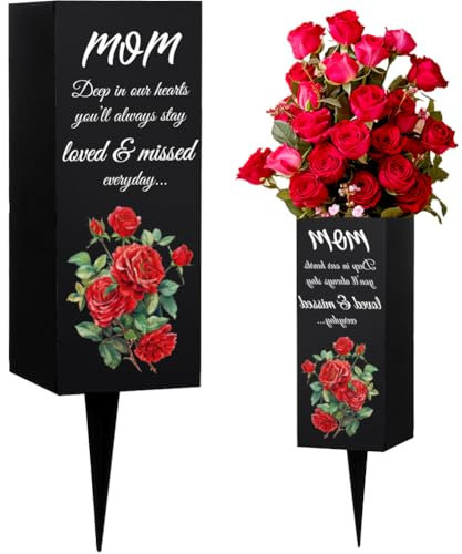 WEBEEDY Metal Cemetery Vase with Spike for Grave, Memorial Flower Holder with in Loving Memory Sign, Gravesite Decorations for Mom (8x20 cm)