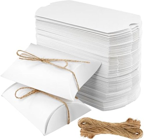 SOUJAP 100 scatole di carta bianca a cuscino, 13 x 8,8 x 3,5 cm, scatole in carta kraft con cuscino e corda di iuta, per matrimoni e compleanni