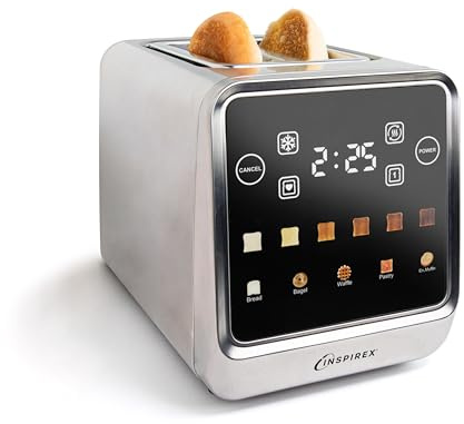 Inspirex Touch Screen Toaster - 2 Slice Extra-Wide Slots - 5 Bread Type and 6 Browning Levels - Defrost, Reheat, Favorite, Single Slot Settings - Stainless Steel