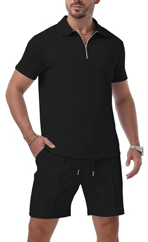 QIXING Mens Shorts and T shirt Sets Polo Colloar Mens Summer 2 Piece Holiday Clothes Co ord Shorts Set with half Zip Tracksuit