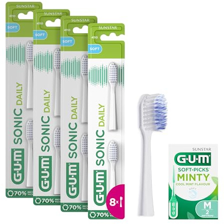 GUM Sonic Daily - Cabezales de repuesto para cepillo de dientes sónico GUM Sonic Daily/cerdas suaves y microfinas para una limpieza suave y profunda cada día / 4 x 2 unidades (Blanco) +1 muestra extra