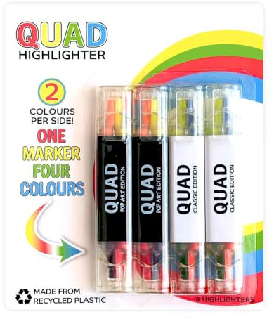 Pikk-it Quad Highlighter - 4 Colours (2 Per Side), Chisel Tip, No Bleed, Quick Dry - Pack of 4