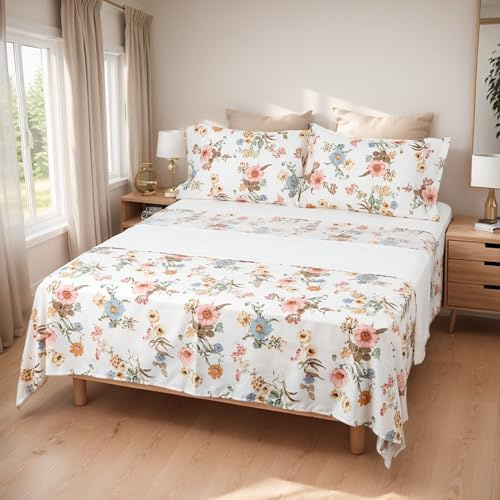 Etrexonline Juego de Sábanas 4 Piezas Cama 150 cm - Microfibra Ultra Suave Incluye 1 Bajera Ajustable 150x200+30 cm, 1 Encimera 230x270 cm, y 2 Fundas de Almohada 50x90 cm - Color Primavera