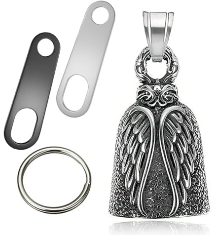 Jvuouxy Campanello per moto con angelo custode e portachiavi, accessorio sicuro per guida, in peltro, senza piombo, idea regalo per uomini e donne