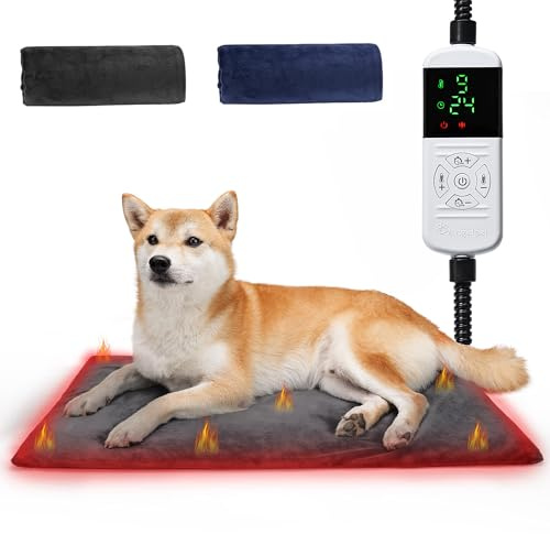 Angelpet Tappetino Riscaldante per Cani e Gatti L 45x70cm – Cuscinetto Elettrico per Animali Domestici, 9 Livelli di Temperatura (35-55℃), 14 Timer (0-12/24H), Cavo Anti-Morso 1,8m, 2 Fodere Lavabili