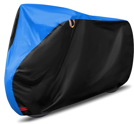 FSGRICH Funda para bicicleta de alta calidad, resistente al agua 150D, lona de lluvia para exteriores, con ojales, protección solar, resistencia al desgarro, con bolsa (negro y azul, 195 x 70 x 110 cm