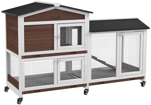 PawHut Conejera de Madera con Ruedas 157,4x53x99,5 cm Jaula para Conejos Grande con Techo Asfáltico Bandejas Extraíbles y Rampa para Exterior e Interior Marrón