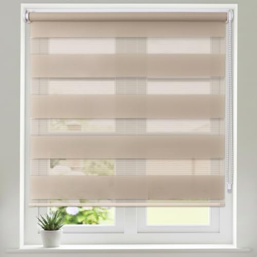 Maritown No Drill Day and Night Zebra Roller Blinds for Windows Double Layer Light Filtering Privacy and Blackout Blinds Stick on Easy Fit for Bedroom,Kitchen,Bathroom (Light Beige, 55Wx 160H cm)