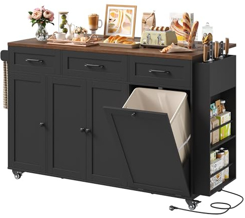 FirFurd Kücheninsel freistehend mit Rollen, Küchenwagen mit Steckdoseleiste & Messerblock, Küchenschrank mit klappbarer Arbeitsplatte, Küchenwagen Holz mit Mülltrennsystem 135x60x88cm schwarz