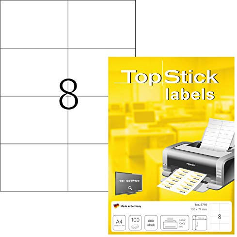 TopStick 8716 Universal Etiketten, 100 Blatt, 105 x 74 mm, 8 pro A4 Bogen, 800 Stück, selbstklebend, bedruckbar, matt, blanko Papier Klebeetiketten Aufkleber, weiß