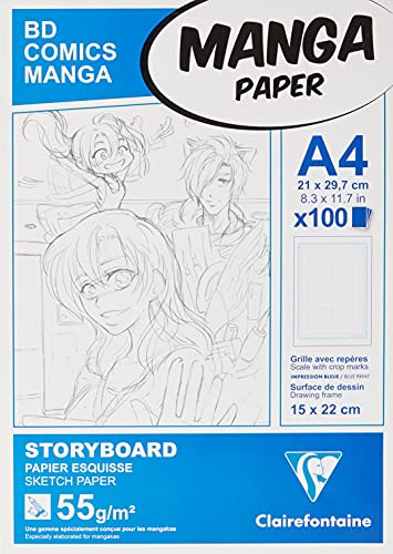 Clairefontaine 94038C Bloc Encollé Manga et Storyboard - 100 Feuilles Papier Esquisse Blanc A4 21x29,7 cm 55g - Papier imprimé avec une Grille divisée en 6 Cases