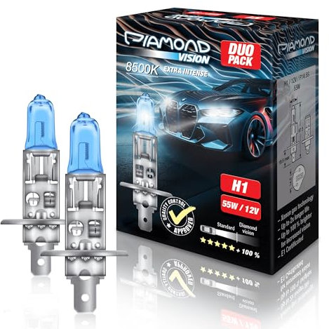 Diamond Vision 2x H1 12V 55W | Xenon Look | Halogen KFZ Autolampen | zweimal so langlebig | Duobox | E-Prüfzeichen | P14.5S