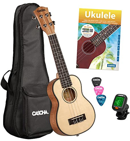 CASCHA Sopran Ukulele, Massive Fichtendecke, Solid Top, Hawaii Gitarre Starter Lern Set mit Zubehör, Aquila-Saiten, Anfänger Buch, Tasche, Stimmgerät und 3 Plektren