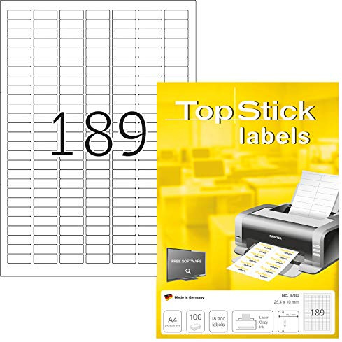 TopStick 8780 - Etiquetas autoadhesivas universales A4 muy pequeño (25,4 x 10 mm, papel) 100 hojas, 189 etiquetas por hoja, 18900 etiquetas, para impresoras inkjet y láser