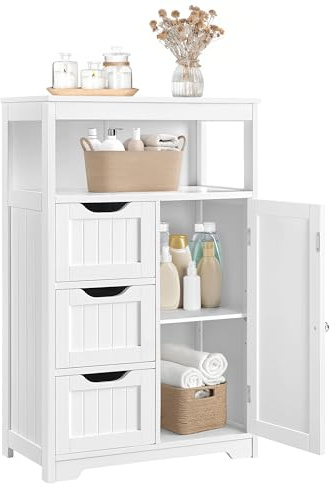 Yaheetech Bathroom Floor Cabinet Wooden Storage Organizer with 1 Door and 3 Drawers, Free-Standing Cupboard for Kitchen/Living Room/Bathroom Use, White