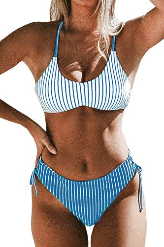 CUPSHE Conjunto de Bikini Rayas Reversible Lace Up Tanga Dos Piezas, Raya Azul,S