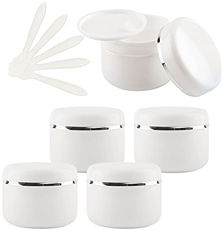 TIANZD 5 Stück Leere Kleine 50 ml Weiß Kunststoff Schraubdose Cremedose Dosen Gel Tiegel mit Silberband Deckel Kosmetik Behälter Salbe Kosmetikbehälter Leerdose mit 5 Stück Löffel