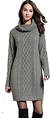 HZQIFEI Robe Pull Femme, Automne-Hiver Mini Robe Tricoté à Col Haut Robe Mi-Longue Chandail Pull Slim Fit (Gris, XXL)
