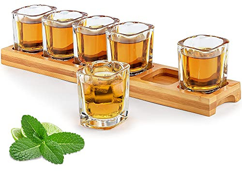 Schnapsgläser-Set 6cl Halter und Schnapsglasbecher 60ml Set mit 6 Getränke-Servierbrett-Organizern mit durchsichtigem Glas Gläser für Likör-Shots Whisky Brandy Wodka Rum Zuhause Party Bar Geschenk