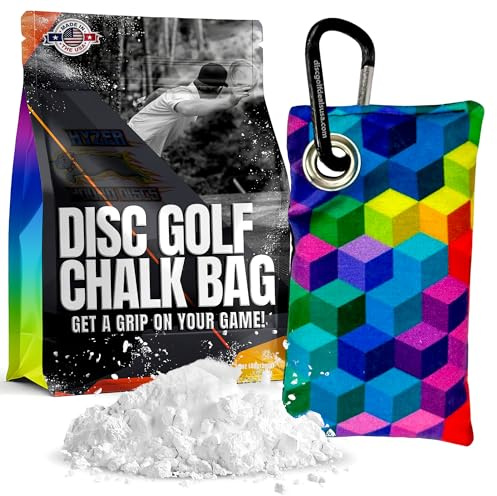 Disc Golf Chalk Bag | Attaches to Bag with a Carabiner | Better than Rosin & Sawdust Bags | Improve Your Grip for Consistency | Disc Golf Accessories for Men | Disc Grip Enhancer (Rainbow Cubes)