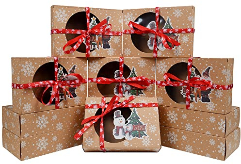 AWCIGG 12 st Julklappslådor Julkakalåda med Fönster Tom Kartong Julklappsgodisförpackningar för Kaka mat Cupcake Söta Kex Bageri för Presentutdelning med Oljepapper och Band Christmas Gift Boxes