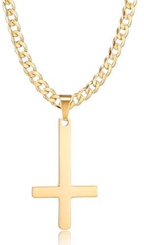 HSWYFCJY Cross Necklace for Men Men's Cuban Necklace with Gold Inverted Cross Pendant 5mm Stainless Steel Link Chain Necklaces 28 Inches Jewelry Gifts for Boys Girls