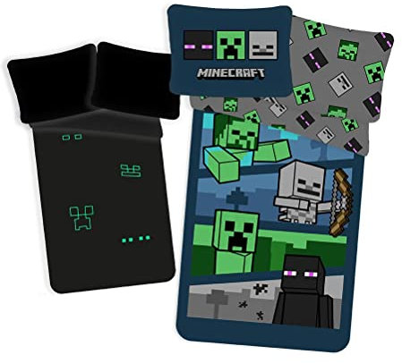 Kinder Bettwäsche Wendemotiv Minecraft Hostile Mobs Creeper Skelett Zombie mit Leuchtmotiv, Bettbezug 140 x 200 cm, Kopfkissenbezug 70 x 90 cm, 100% Baumwolle