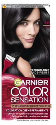 Garnier Color Sensation Coloration - Noir 1.0 - Coloration Crème Permanente - Tous Types de Cheveux - Couleur jusqu'à 10 Semaines & Couvre les Cheveux Blancs 100%