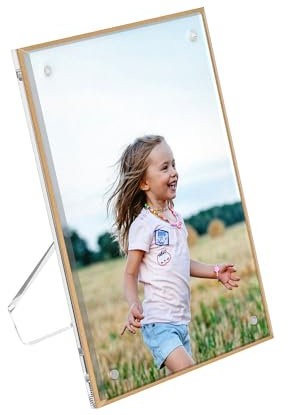 Hexsonhoma Acryl 13x18CM Bilderrahmen mit Goldrand, Desktop Clear Acryl Fotorahmen für 13x18, Magnetischer Acryl Fotorahmen Bild Display Zeichen Halter