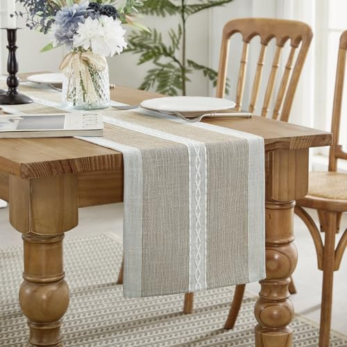 Wracra Coffee Cotton Linen Table Runner, Embroidery Farmhouse Table Runners | 230cm, overlocked edge design, Indoor Outdoor, Birthday, Dining, Holiday, Parties, Kitchen Decorations, Wedding, Everyday Use