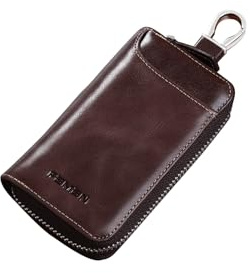 PORRASSO Etuis Porte Clés Véritable Cuir Pochette Porte Cles Voiture Clé Cas Porte-Monnaie Portable Key Case avec 6 Crochet Clip pour Hommes Café B