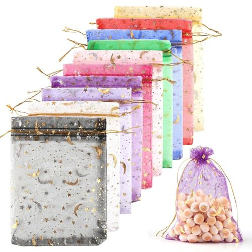 dsDAEDK 50 Stück Organzasäckchen mit Kordelzug, 13x18cm Organzabeutel Bunt, Mond Stern Schmucksäckchen, Geschenksäckchen für Hochzeit Taufe Party Weihnachten